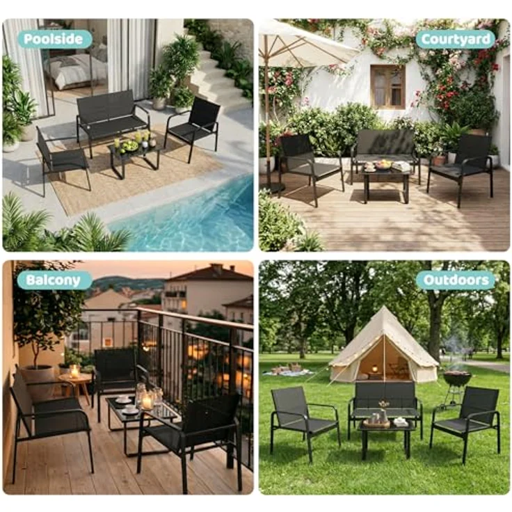 Mondeer Gartenmöbel Set, Balkon Möbel Set 4-TLG mit Armlehnen, Terrassenmöbel mit Tisch Sofa und 2 Stühlen, Textilene, für Garten Balkon Außen, Schwarz – Bild 8