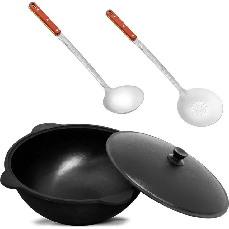 BIG-PAN Feuertopf Original Usbekischer Kasan 8 L Gusseisen Aluminium-Deckel Dutch Oven, Gusseisen (inkl. Schöpfkelle Schaumlöffel, Uzbekischer Kessel Namangan), asiatischer Topf für Plov Wok Eintöpfe – Bild 1