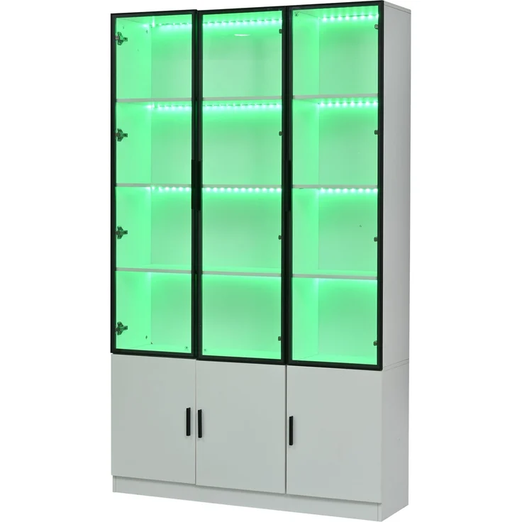120*32*200cm Vitrine, Standvitrine mit 6 Schranktüren, Hochschrank, Glasvitrine mit LED, Wohnzimmerschrank 120 cm breit, Multifunktionsschrank, Großer Schrank, Weiß – Bild 7