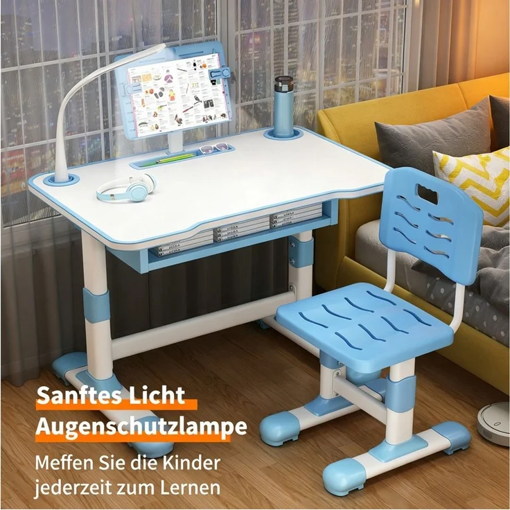 Rutaqian Kinderschreibtisch Kinderschreibtisch höhenverstellbar, Schreibtisch Kinder mit Stuhl (Höhenverstellbarer Ergonomischer Schreibtisch-Stuhl Set), Kinderschreibtisch-Stuhlset mit Tischlampe für Jungs und Mädchen – Bild 3