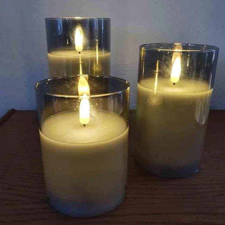 Wachskerzen 3D-Fl. 3-tlg. weiß, Glas rauch 6/18 A/A