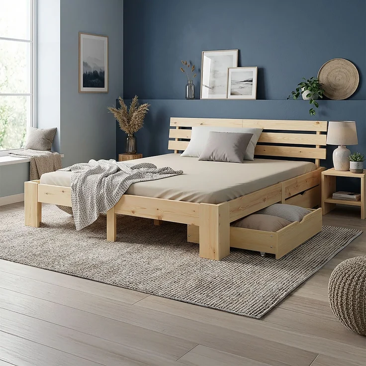 Holzbett 180x200 cm mit 2 Federkernmatratze & Bettkästen Doppelbett Bett Holzbettrahmen Natur Massiv Holz Lattenrost – Bild 2