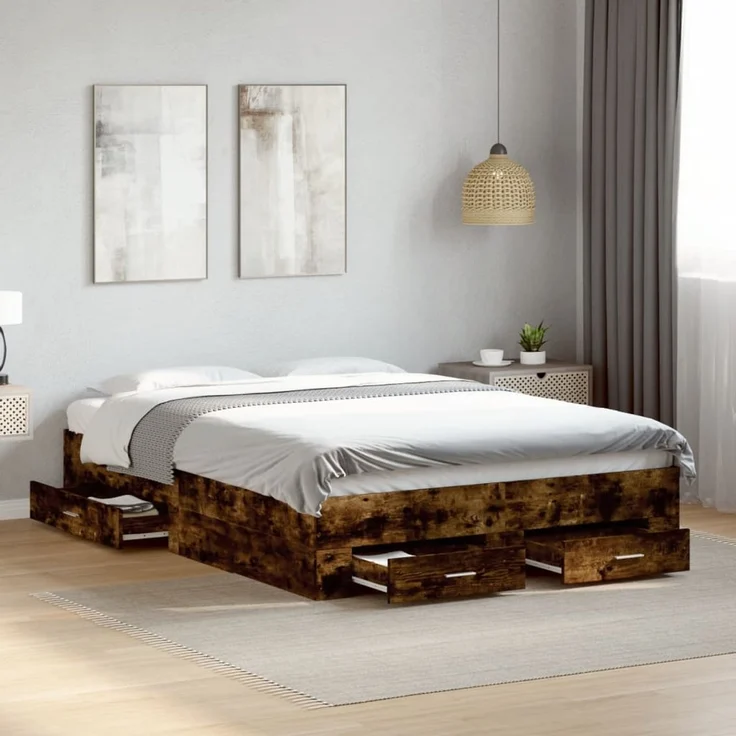vidaXL Bettgestell mit Schubladen Räuchereiche 120x200cm Holzwerkstoff 3280395 – Bild 1