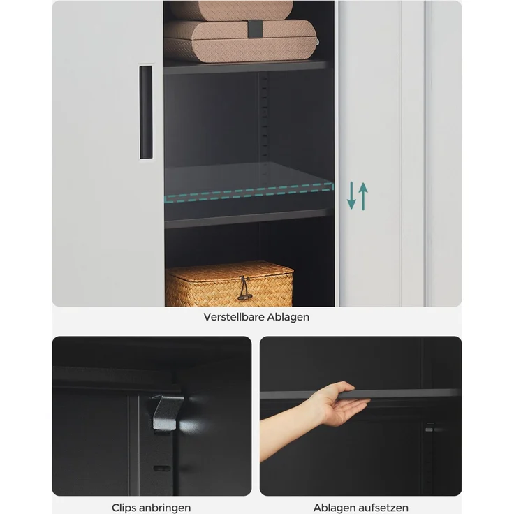 Songmics Aktenschrank, Mehrzweckschrank, Büroschrank mit 2 Türen, Schrank abschließbar, Aufbewahrungsschrank aus Stahl, für Arbeitszimmer, Wohnzimmer, silbern-schwarz OMC013S01 – Bild 4