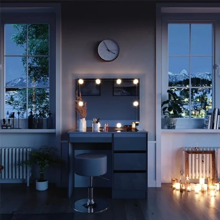 Vicco Schminktisch Sherry, Grau, mit LED-Spiegel, 4 Schubladen, 90x75x40 cm, Holzwerkstoff – Bild 1