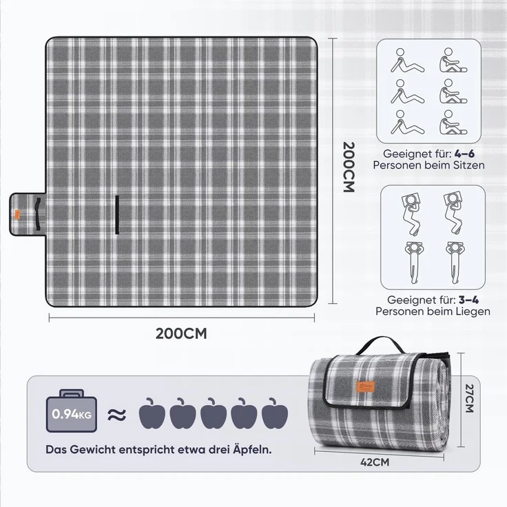 Sekey Picknickdecke Wasserdicht 200x200 cm Faltbare Campingdecke mit Tragegriff Grau – Bild 2