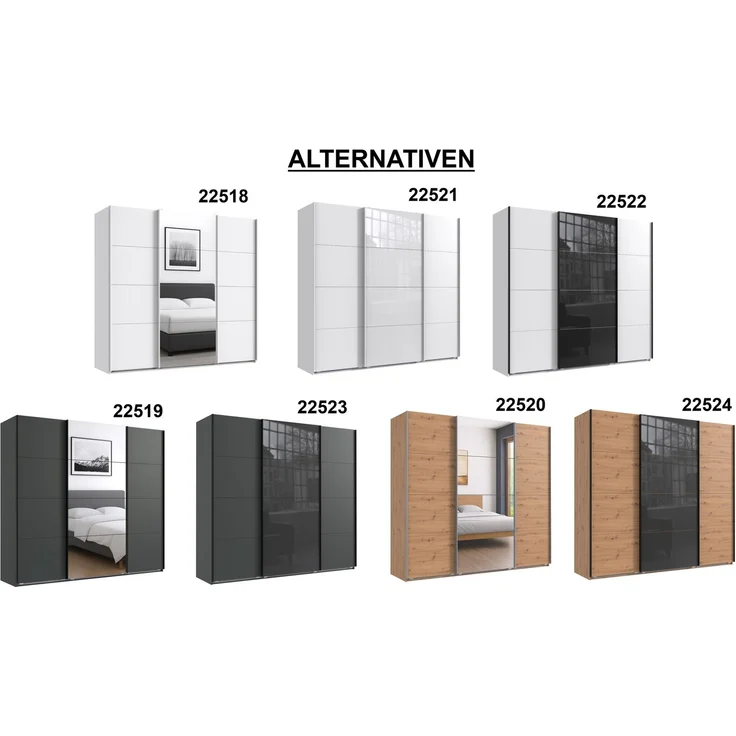 Schwebetürenschrank Kleiderschrank B225 cm H208 cm 3-türig Weiß, 1x Tür Glas Schwarz – Bild 6
