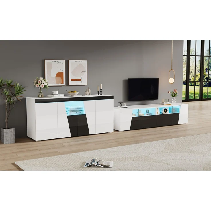 ZUBALIYA Wohnzimmerset 180x38,5x45 cm, mit LED-Beleuchtung, Hochglanz, aus Spanplatte, Weiß – Bild 4