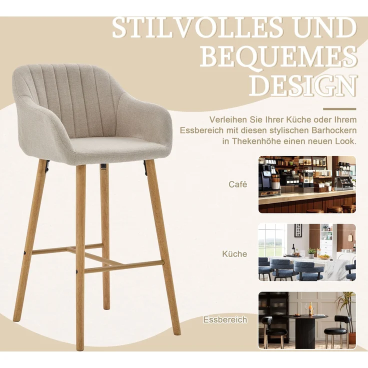 LVHOM Barhocker 2er Set, Barstühle mit Rückenlehnen und Armlehnen, Tresenhocker mit Holzbeinen, Tresenstuhl Stoff, Beige – Bild 6