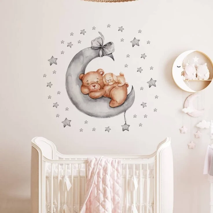 Montegoni Wandsticker Gute Nacht Babytiere Schlafend auf Mond Wandaufkleber, Einfach anzubringende, süßen Baby Tierszenen auf dem Mond – Bild 3