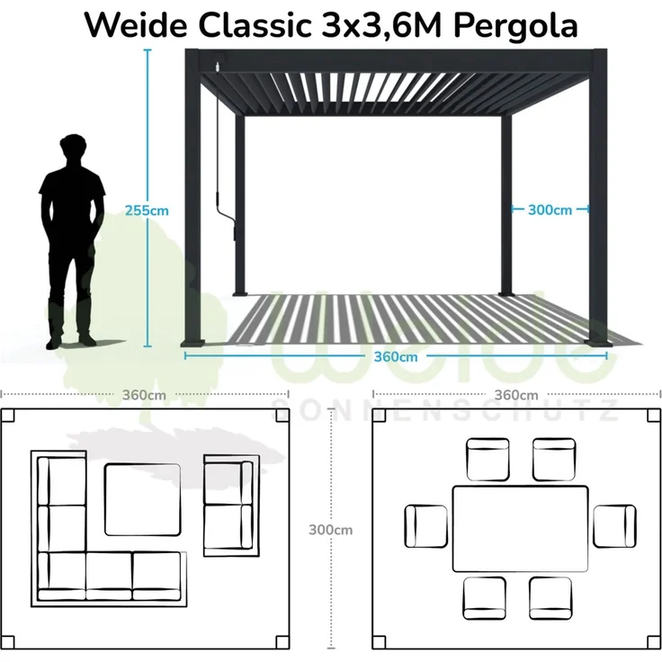 Weide Classic | Pergola Aluminium freistehend | 3 x 3,6 M | Lamellendach anthrazit – Bild 6