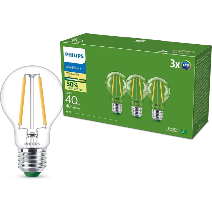 PHILIPS Classic ultraeffiziente E27 LED Lampe, 40W, warmweiß, klar, 3-er Pack