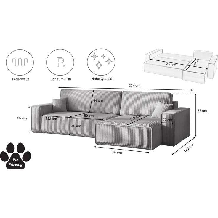 Kaiser Möbel Ecksofa mit schlaffunktion und bettkasten, Eckcouch BEST XL stoff Poso, Mit Bettfunktion und Bettzeugfach – Bild 2