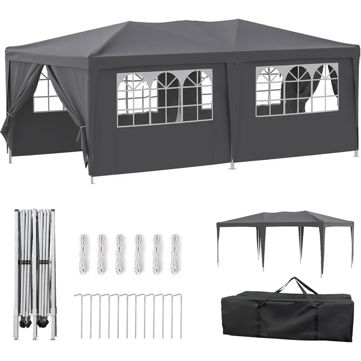 Velway Faltpavillon 3x6 m Wasserdicht Pavillon - Anti-UV Stabil Winterfest Faltbar Partyzelt - Gartenpavillon mit 6 Seitenwänden & Dach 12 Erdhaken & 6 Seile - Gartenzelt für Freien Hochzeiten - Grau