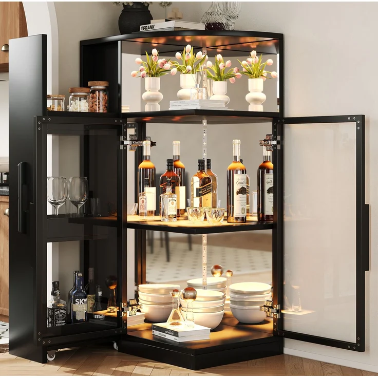 Glasvitrine 64x42x112 cm mit LED-Beleuchtung und ausziehbarem Seitenschrank, Schwarz – Bild 1