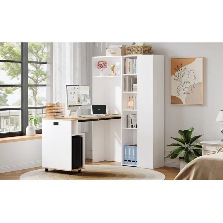 Klappbarer Schreibtisch 104,5 × 30,5 × 160 cm, 2-in-1 mit Bücherregal, EU-Steckdose & USB, 2 höhenverstellbaren Ablagen, PC-Fach, MDF, Weiß – Bild 18