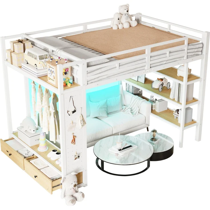 EINHOM Hochbettgestell 140 x 200 cm mit Offenem Kleiderschrank, Metall-Hochbett mit Ablagefächern, Lochwand und LED-Beleuchtung, Weiß (Ohne Matratze) – Bild 6