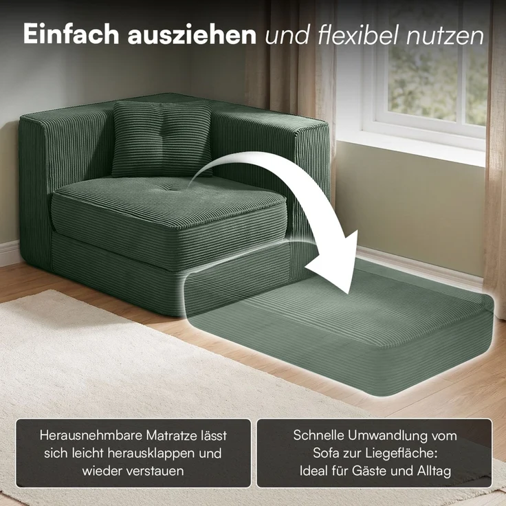 skølm 'Ránar' Ecksessel mit Liegefunktion und 1 Kissen, Sessel ausklappbar, vakuumverpackt ohne Aufbau, dunkelgrün aus Cord – Bild 6