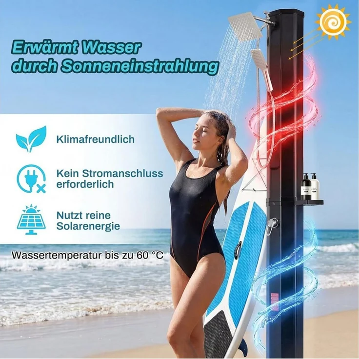 TLGREEN Solardusche Gartendusche Mit Handbrause, 360° Duschkopf & Fußdusche (35L Solar Gartendusche mit Staubschutzhülle + Seifenschale, UV-beständig PVC, bis 60°C Warmwasser ohne Strom), für Garten/Pool/Camping, einfache Installation – Bild 3