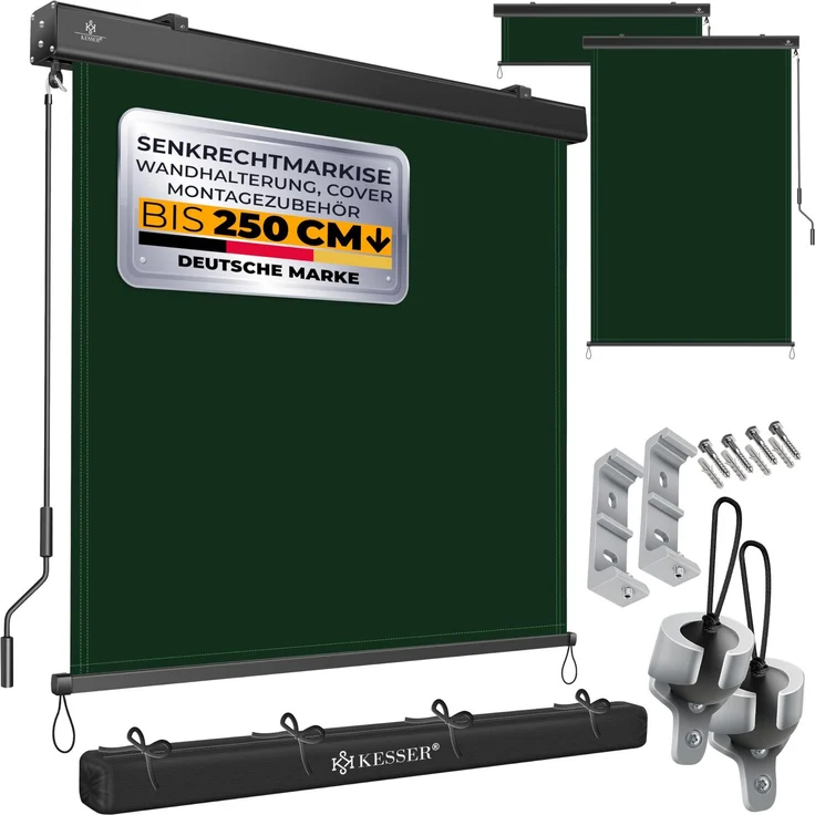 KESSER® Senkrechtmarkise Außenrollo Handkurbelmechanismus Balkonrollo Sonnen-und Sichtschutz, Beschattung Sonnenschutz Außen Rollo mit Kurbel Markisenkasten, Balkon und Terrasse 140x250 cm, Dunkelgrün – Bild 1
