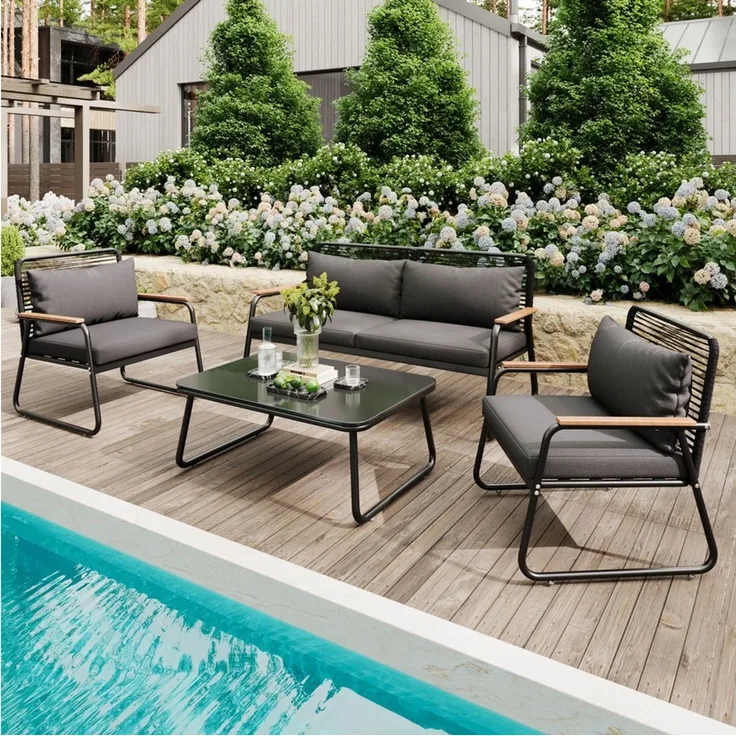 Merax Gartenlounge-Set, (4-tlg, Balkonmöbel Gartengarnitur Terrassenmöbel mit verstellbaren Füßen), Gartenmöbel für 4 Personen mit 2-Sitzer-Sofa, 2 Sessel & Couchtisch
