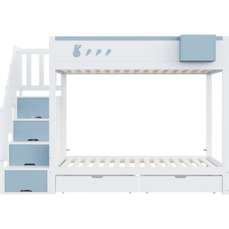 Kinder-Etagenbett 90x200 cm mit Kaninchen-Design, Stauraumleiter, Schubladen, Ablagefach, Massivholz,Weiß & blau – Bild 9