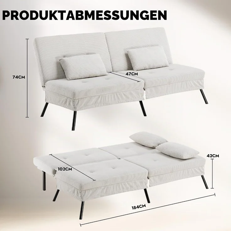 COMHOMA Sofa Schlafsofa mit Schlaffunktion, überzug Futon Klappsofa, Bettcouch, ecksofa, Couch Gästebett, 3-Sitzer Sofa, mit verstellbare Rückenlehne aus Cordstoff Beige – Bild 3