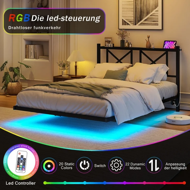 Homerecommend Schwebebett 120x200 cm, Bettrahmen mit LED-Beleuchtung, Steckdose und 2 USB-Anschlüssen, Vintage Schwarz – Bild 2