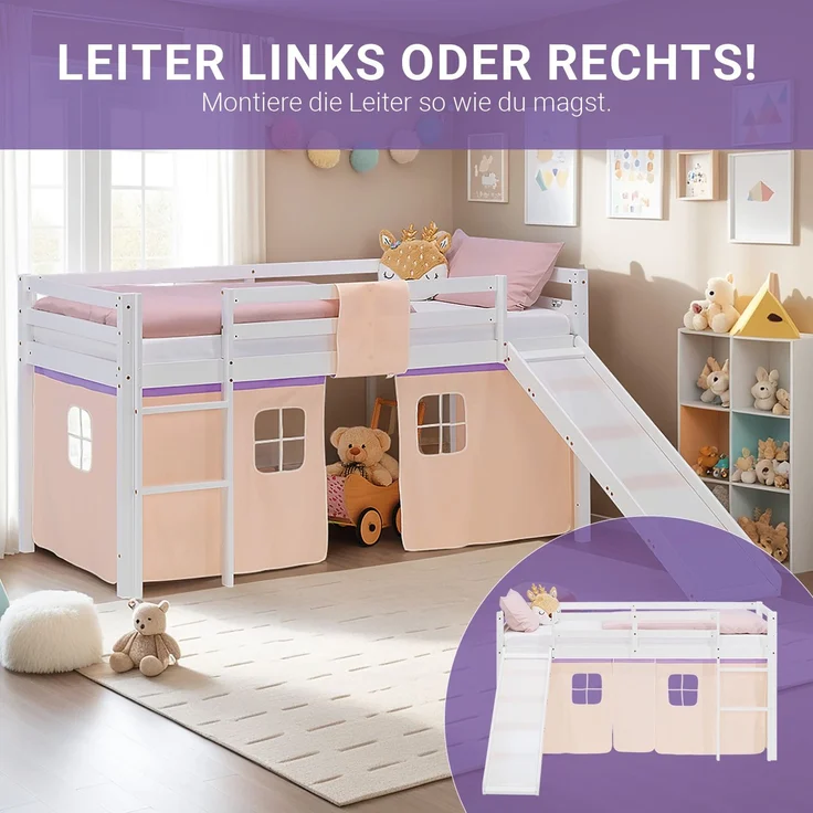 Hochbett Kinder 90x200 cm mit Rutsche Kinderbett Kinderhochbett Stockbett Vorhang Lila Peach Leiter Holz Massiv – Bild 6