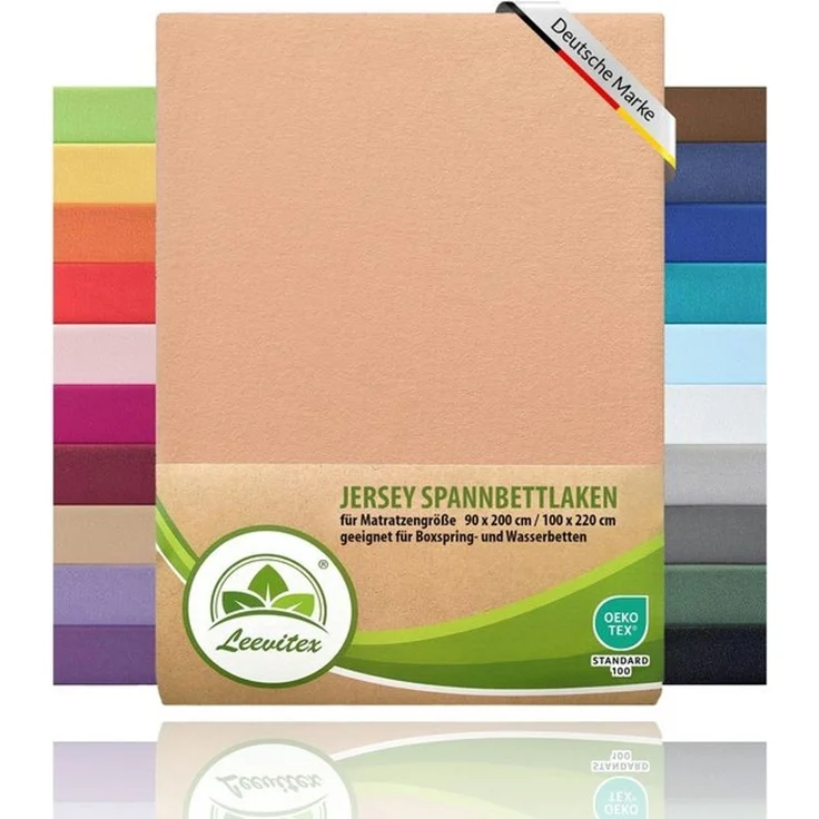 leevitex® Spannbettlaken, Premium 170g/m², Gummizug: rundum, schwer und dick, 100% Jersey-Baumwolle, Leinen / Aprikot, 140 x 200 - 160 x 220 cm – Bild 4