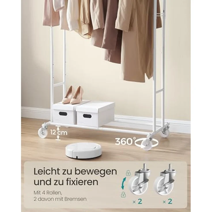SONGMICS Kleiderständer auf Rollen, Garderobenständer aus Metall, Garderobenstange, Kleiderstange ausziehbar, höhenverstellbar, mattweiß HSR012W01 – Bild 6