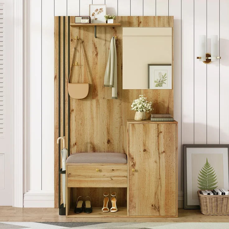 Flurgarderobe 115 x 37 x 185 cm mit Sitzbank,Spiegel, Kleiderstange,verstellbaren Regalen,Soft-Close – Bild 2