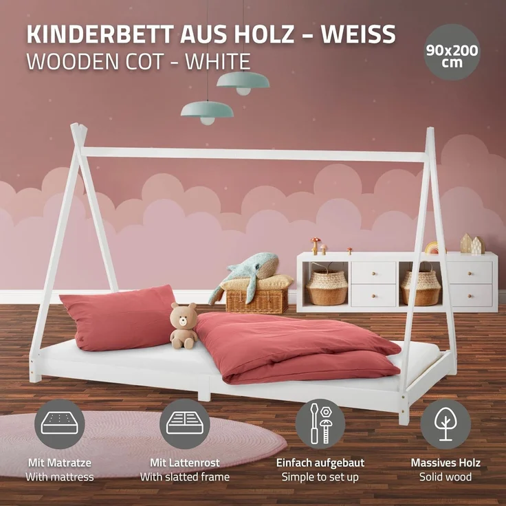 ML-DESIGN Kinderbett Hausbett Tipi Zeltbett inkl. Lattenrost Bodenbett Kinder Himmelbett, Abenteuerbett zum Spielen Zelt Spielbett Kiefer Bettenhaus Bett Weiß – Bild 2
