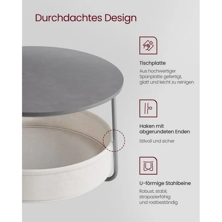 VASAGLE Couchtisch oval, Tisch mit Stauraum, Beistelltisch, Wohnzimmertisch mit Korb aus Stoff, modern, Metallrahmen, zementgrau – Bild 2