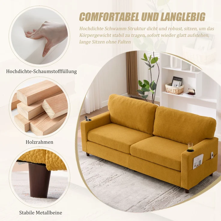 Zweisitzer Chenille-Sofa 203x77,5x86 cm – USB-C, LED-Ambiente und Getränkehalter in Senfgelb – Bild 9