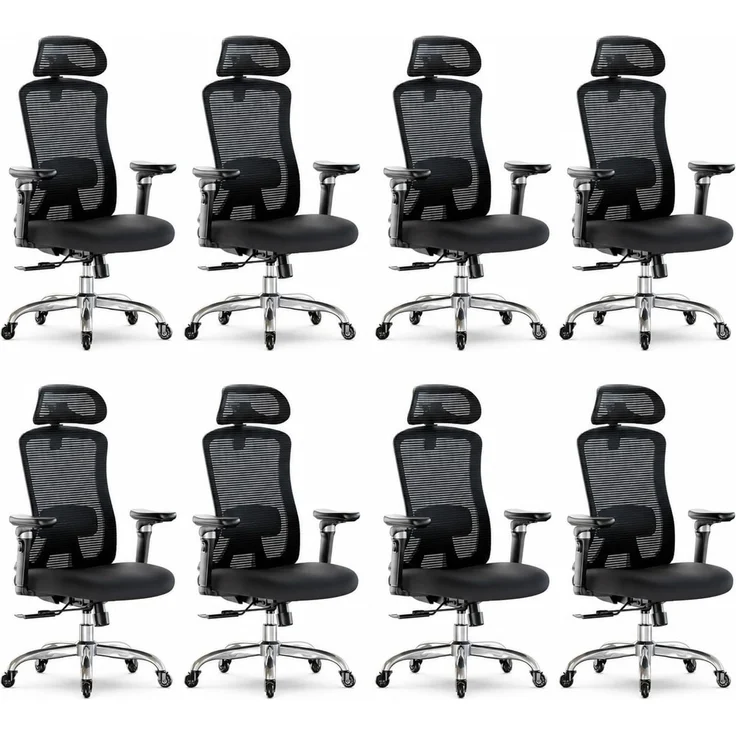 Marsail Bürostuhl mit 6D-Armlehnen, 3D-verstellbarer Kopfstütze, Schiebesitz, Lendenwirbelstütze, 4-Position-Neigungsschloss – hoher und großer Schreibtischstuhl mit Kapazität von 150kg, Schwarz, 8PCS