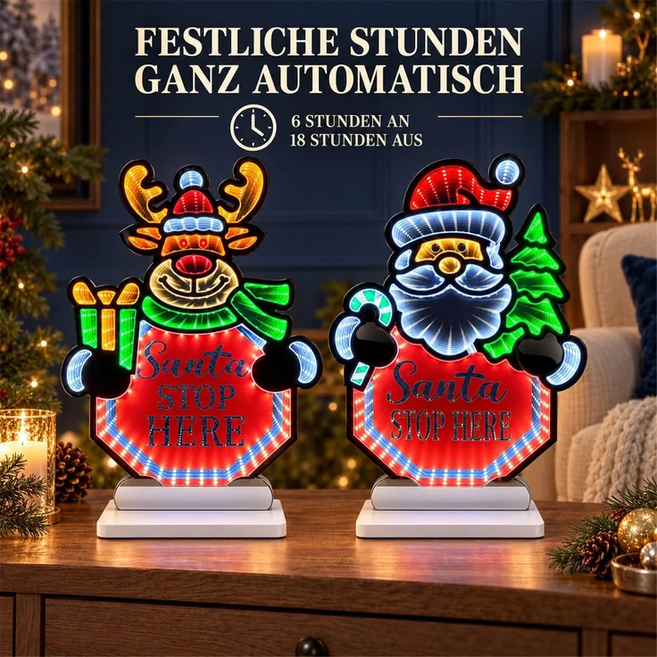 LED Infinity Spiegel 2er-Set Santa Stop Here, Rentier und Santa mit Timer – Bild 4