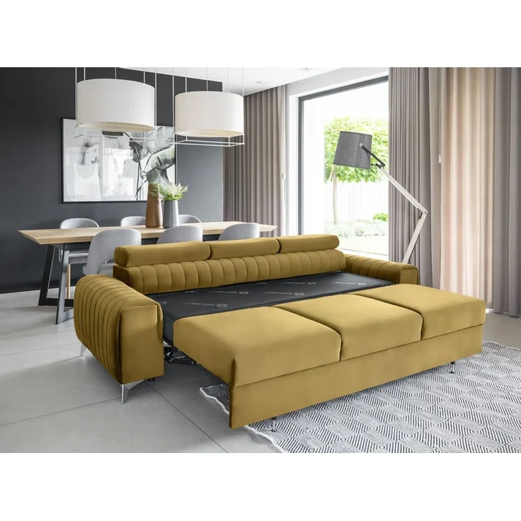 Sofa 3-Sitzer mit Schlaffunktion Schlafsofa ELENI Stoff Monolith Honiggelb – Bild 2