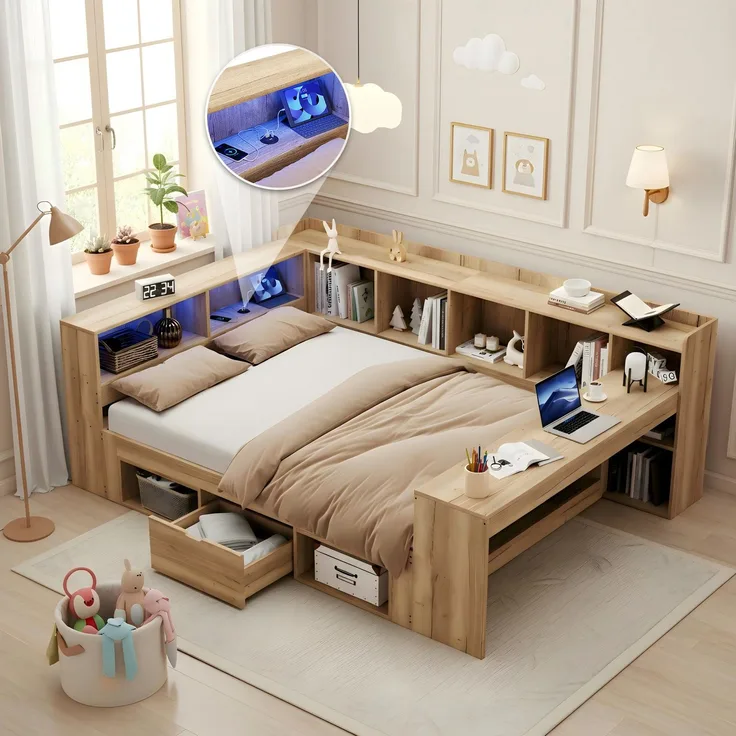 Merax Kinderbett, 140x200 cm Daybett, Tagesbett, Stauraumbett mit LED-Beleuchtung, USB Ladeanschlüsse und Schreibtisch, mit Regale & Schubladen, Naturfarbe