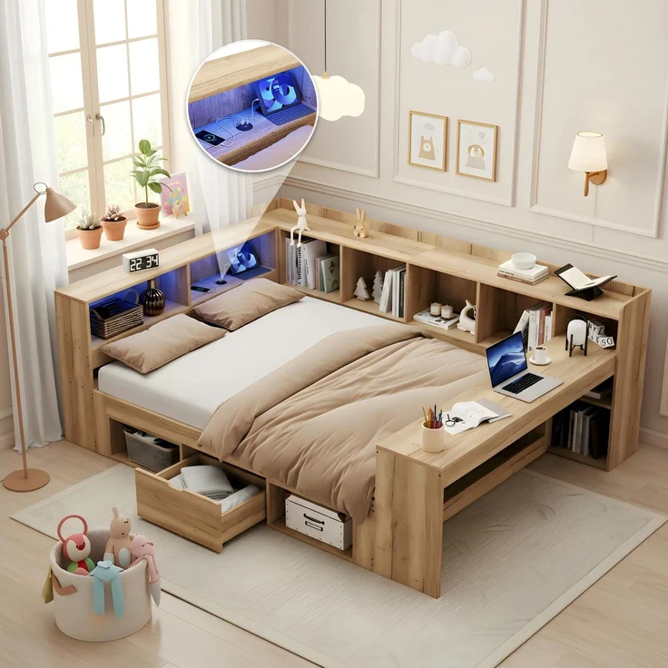 Merax Kinderbett, 140x200 cm Daybett, Tagesbett, Stauraumbett mit LED-Beleuchtung, USB Ladeanschlüsse und Schreibtisch, mit Regale & Schubladen, Naturfarbe – Bild 1