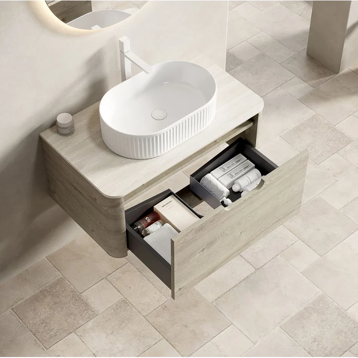Badezimmer-Waschtisch 80 cm mit ovalem Keramikbecken, Sintersteinplatte und Soft-Close-Schublade – Bild 1