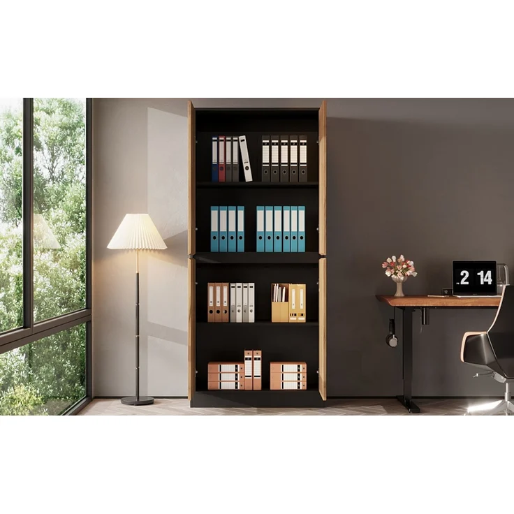 ZUBALIYA Aktenschrank80 x 35 x 180 cm, Mehrzweckschrank aus Holz in Schwarz & Eiche Optik, mit verstellbaren Einlegeböden, Bücherschrank, Aufbewahrungsschrank für Büro, Wohnzimme,Flur, Hochschrank,Flurschrank – Bild 10