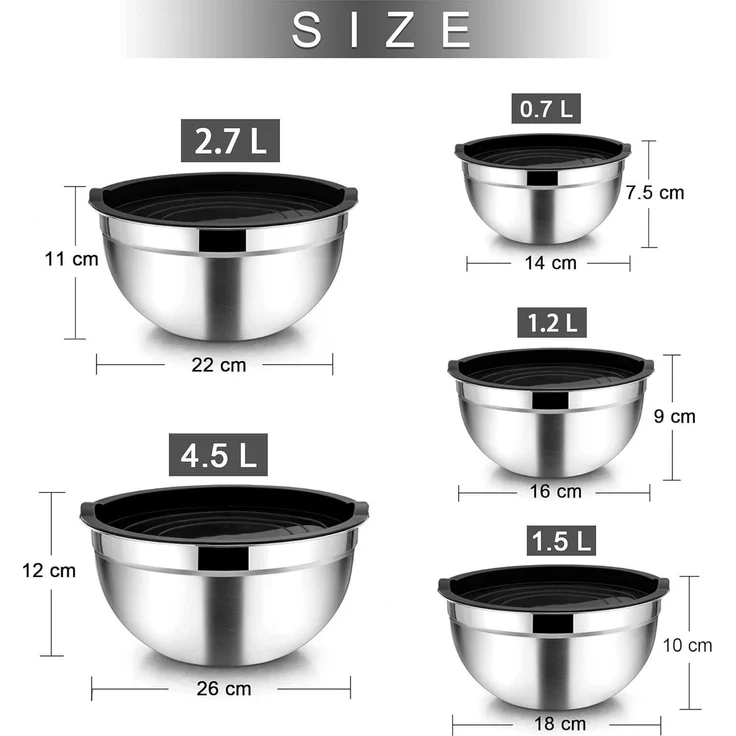 Homikit Rührschüssel Set Schwarz Edelstahl 5tlg mit Deckel für Küche – Bild 2