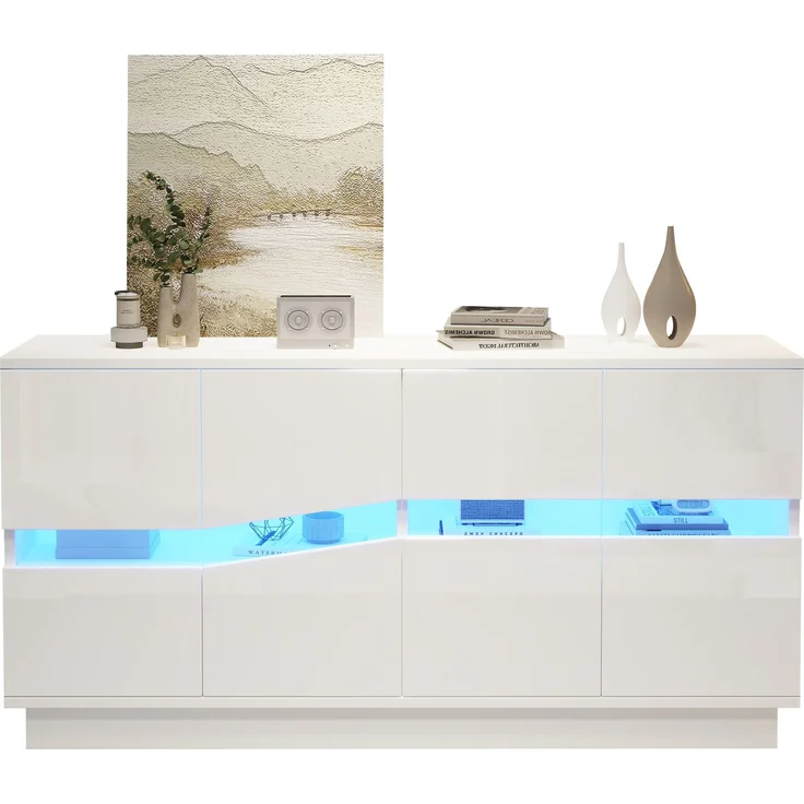 ZUBALIYA Sideboard 140x35x70 cm, mit LED-Beleuchtung, Hochglanz, mit 4 Türen, aus Spanplatte, Weiß – Bild 14