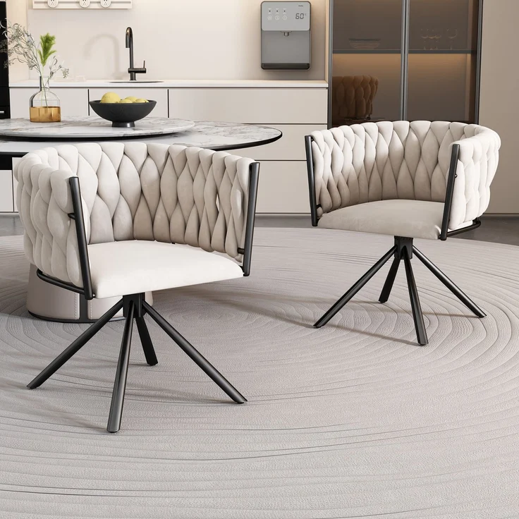Merax Samt-Esszimmerstuhl, 2er set, Schlafzimmer-Drehstuhl, Freizeit-Drehstuhl mit vier Stützbeinen aus Metall, beige – Bild 3