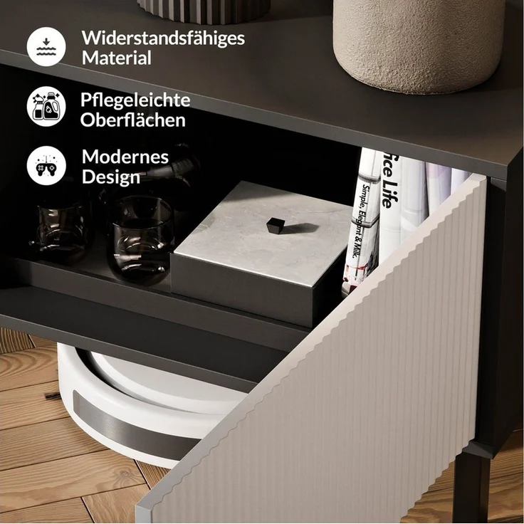 Planetmöbel TV-Schrank Liora TV Board, Lowboard 120 cm lang, TV Kommode (für Fernseher bis 50 Zoll, Fernsehtisch für Wohnzimmer, viel Stauraum) Fernsehschrank mit zwei offenen Fächern – Bild 4