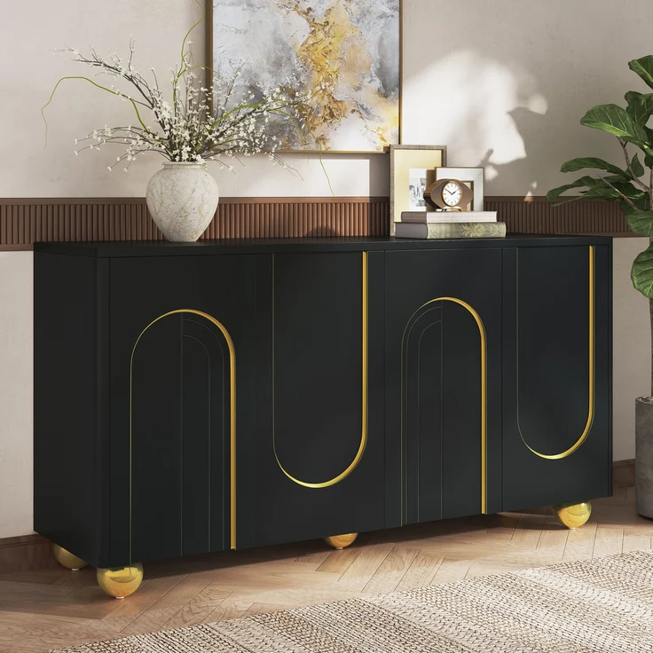 DESVIAE Sideboard Schwarz aus MDF/Spanplatte – 140x74x40 cm – 4 Türen, Gold-Bogendekor – Bild 2