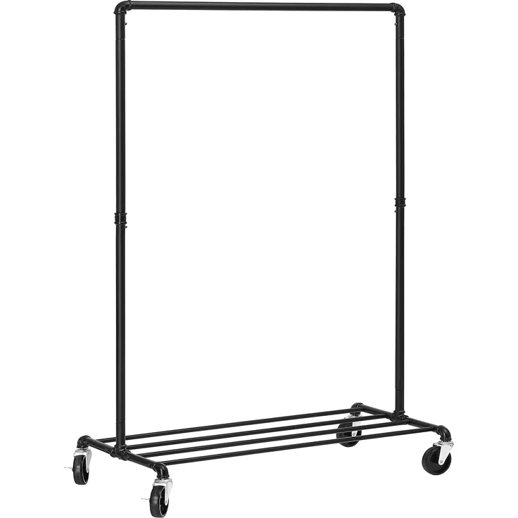 Songmics Kleiderständer auf Rollen, bis 90 kg belastbar, im Industriedesign, Metall-Garderobenständer mit 1 Kleiderstange und Ablage, Schwerlast, für Schlafzimmer, Waschküche, schwarz