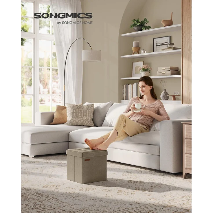 Songmics Sitzhocker mit Stauraum, faltbarer Hocker, Leinenimitat / MDF kamelbraun, 30 x 30 x 30 cm – Bild 2