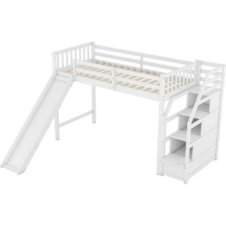 EXTSUD Hochbett 90x200 cm – Kinderbett mit Rutsche, Ablageleiter, weiß – Bild 1